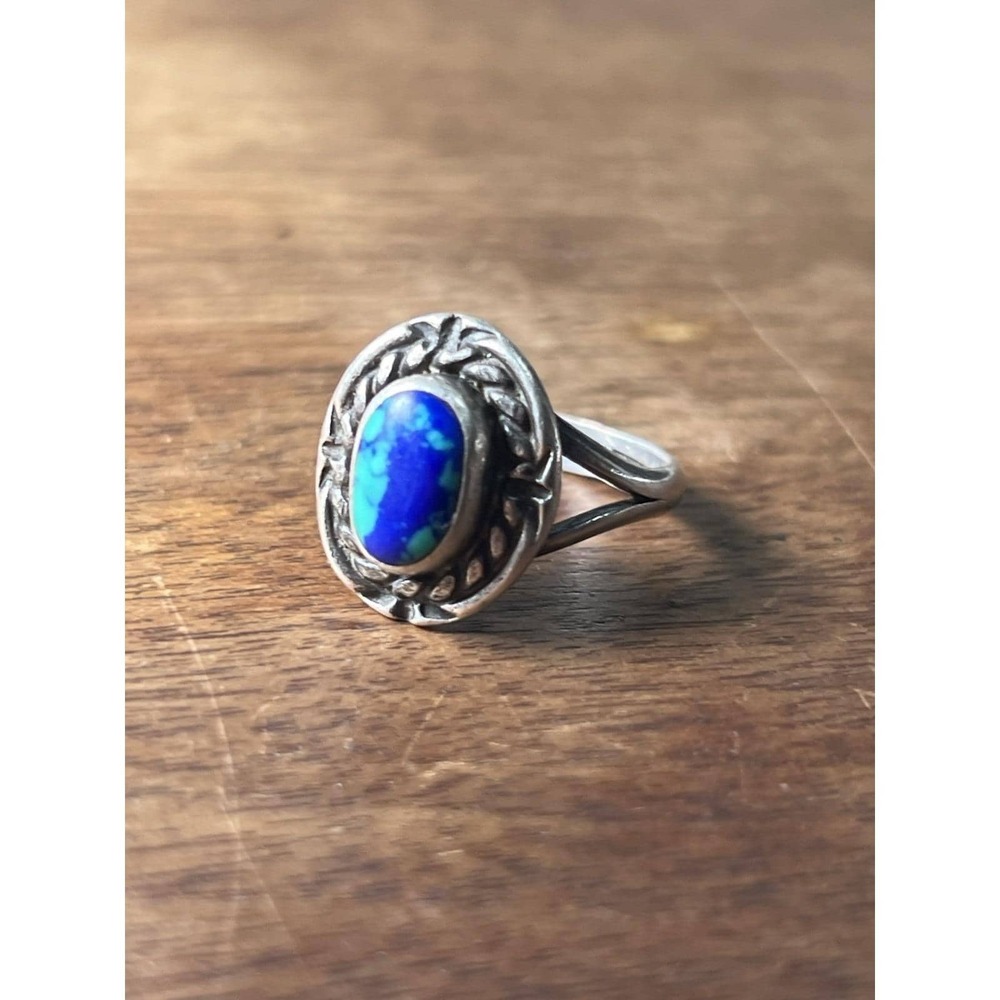Vtg Azurite Malachite And Sterling Silver Ring Sz.4.5 Pinky Kids Jewelry Tested